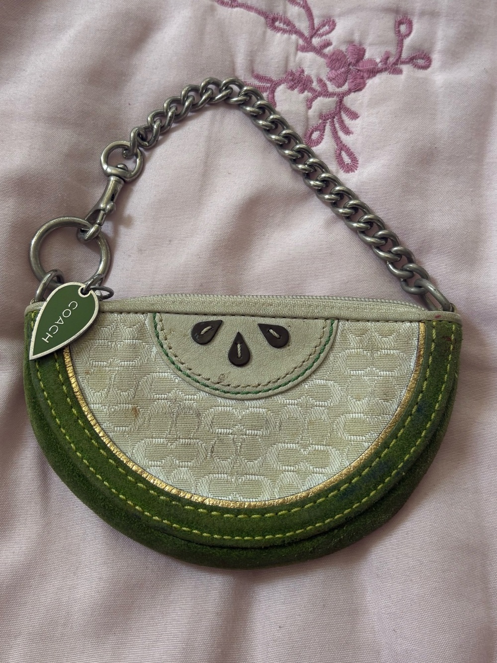 Rare Coach Green Cream Lime Slice Coin Wristlet with Silver Chain
